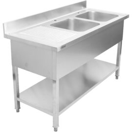 Kaupallinen kaksinkertainen pesuallas ruostumatonta terästä 1500x600x950mm 2 allasta oikealla roiskelevyllä | Adexa DSD1560R