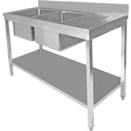 Kaupallinen Pesuallas Ruostumaton Teräs 1800x600x900mm 2 Allasta Vasemmalla Valutuslevyllä Roiskesuoja Alahyllyllä | Adexa STT1860L