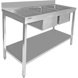 Kaupallinen pesuallas ruostumaton teräs 1800x600x900mm 2 allasta oikealla valutuslevyllä takasuoja alushyllyllä | Adexa STT1860R